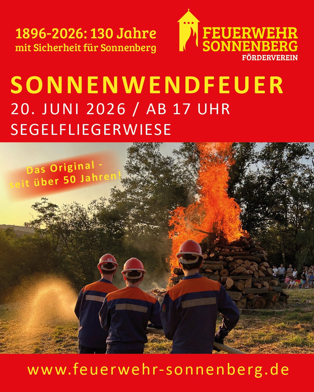 Plakat für das Sonnenwendfeuer 2026 am 20. Juni auf der Segelfliegerwiese